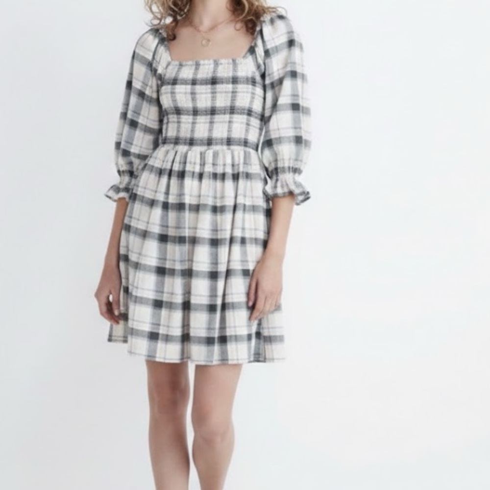 Madewell Lucie Elbow Sleeve Lebaum Plaid Smocked Mini Dress XXS